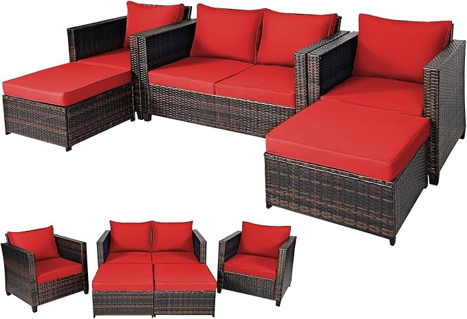 DORTALA 5-Piece Outdoor Patio Conversation Set, Loveseat and 2 Ottoman, Outdoor Sectional Rattan Sofa Set, Multifunctional Rattan Furniture Set Suitable for Home Backyard Garden Poolside Balcony, Red