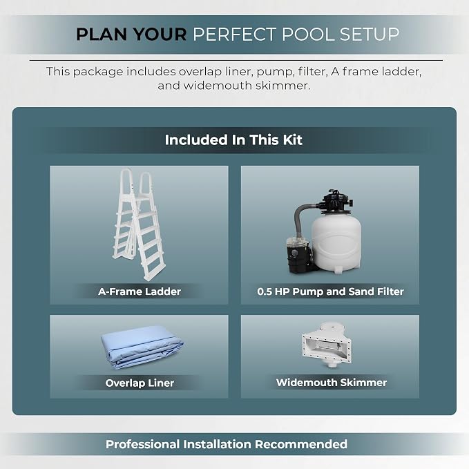 Blue Wave San Pedro 12x24-ft Oval 52-in Deep Hard Sided Steel Frame Above Ground Pool with 6-in Steel Top Seats, 0.5 HP Sand Filter System, Ladder, Skimmer & Liner – 6,300 Gallon Cap for Family Use