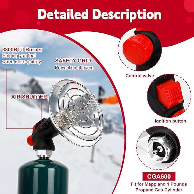 Portable Propane Heater, Outdoor Space Tent Heater for Camping, Self-Ignition Radiant Cordless Heater, Gas Heater with Foldable Gas Tank Holder for Outdoor Hiking Ice Fishing Hunting