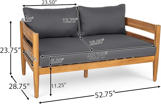 Christopher Knight Home 4-Piece Outdoor Patio Furniture Set, Acacia Wood Conversation Set with Loveseat Coffee Table and 2 Single Chairs Cushions, Slatted Backyard Garden Seating Set, Dark Gray