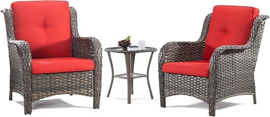 Wicker Chair Set 3-Piece Wicker Outdoor Furniture Conversational Sets with Two Armchairs & One Rattan Side Table, Olefin Cushions Included, Red