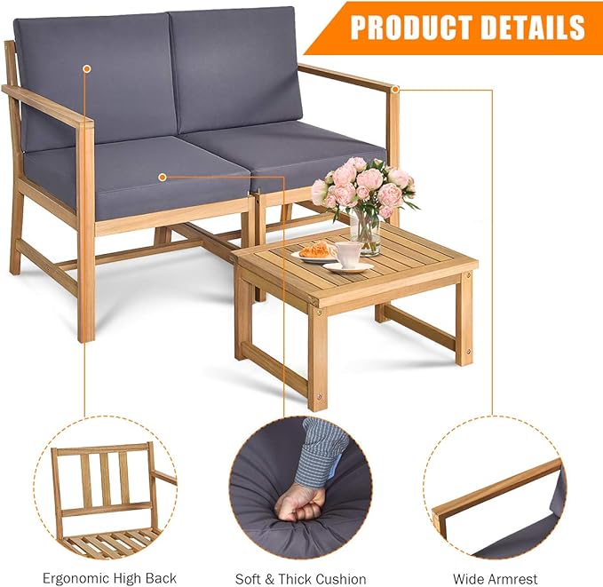 Tangkula 3 in 1 Acacia Wood Loveseat with Separable Coffee Table, 3-Piece Wooden Chairs Set with Cushions, 2-Seater Outdoor Furniture Set for Garden Backyard Balcony Patio Poolside (Natural Teak)