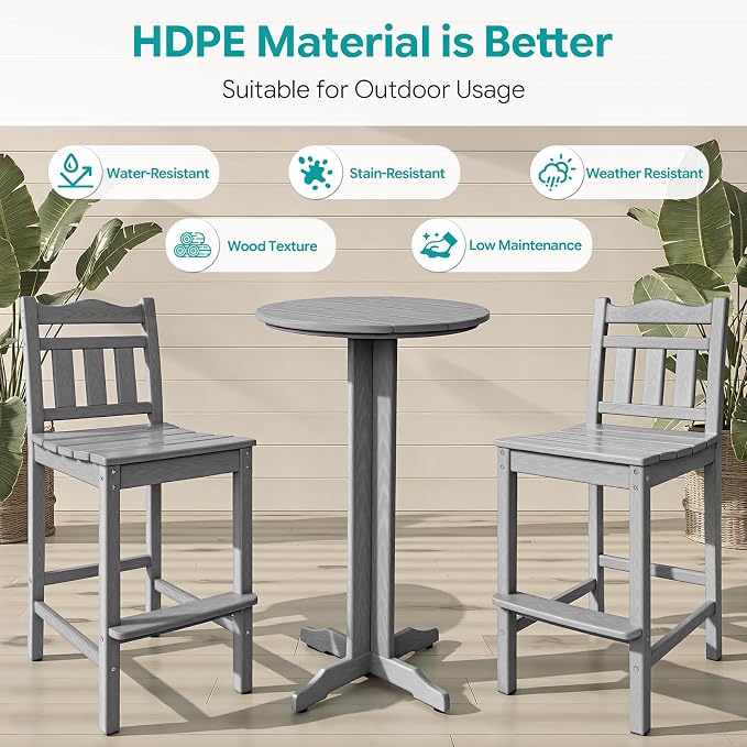Outdoor Bar Stools Set of 2, HDPE Tall Adirondack Bar Chairs 27.5 Inch Seat Height w/Backrest, All Weather Patio Bar Height Chairs for Bistro Balcony Deck Poolside (Slate Grey)