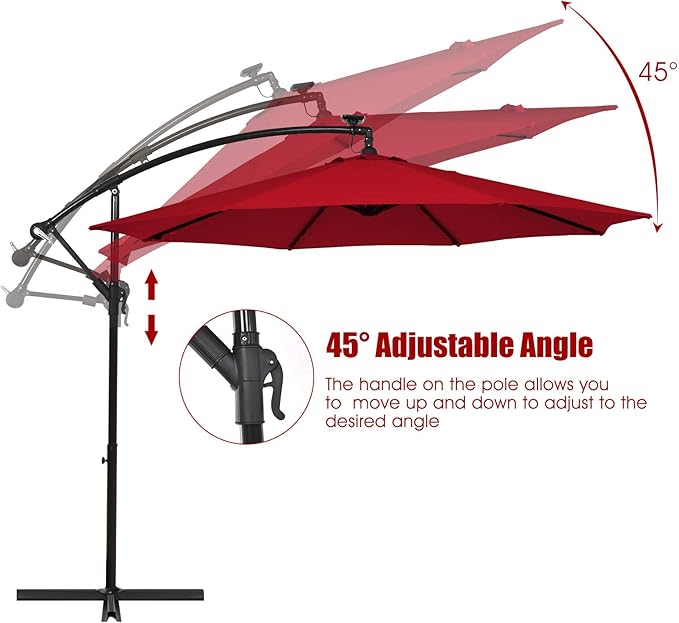 Tangkula 10 Ft Patio Offset Umbrella, 40 LED Lighted Market Umbrella W/8 Sturdy Ribs, Easy Tilt Adjustment & Crank, Polyester Shade, Ideal for Backyard, Garden, Seaside, Store, Pool (Burgundy)