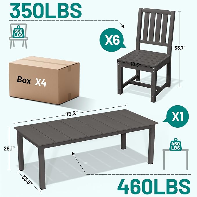 PLUUV 7-Piece Outdoor Dining Set – HDPE Patio Furniture with Umbrella Hole Table, Aluminum Legs, and 6 Armless Chairs, Weatherproof & Easy-Clean for Backyard, Garden, Grey