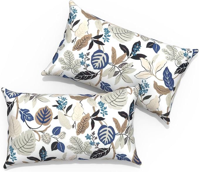 Outdoor Lumbar Pillows 12x20 inch, Rectangle Throw Pillows with Inserts, Decorative Lumbar Cushions for Patio Furniture Garden Couch Home Sofa Office Chair, Pack of 2, Breeze Leaves Beige