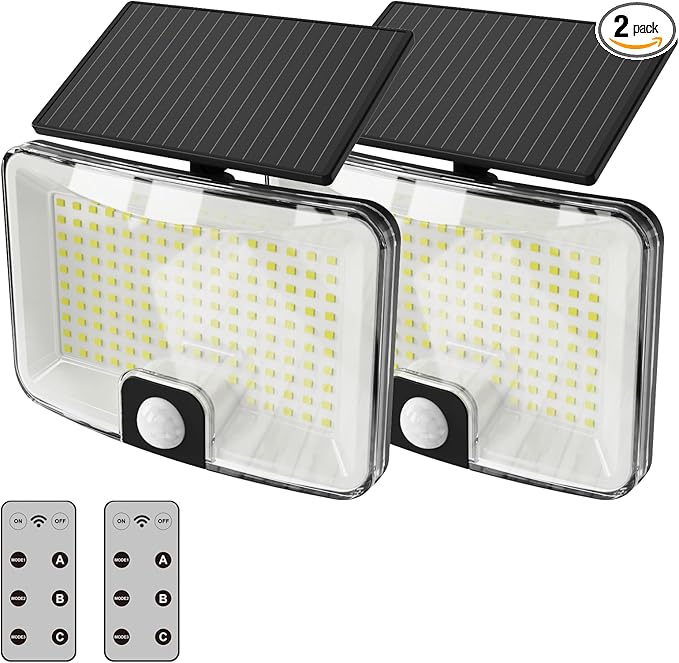 Solar Lights Outdoor Waterproof Motion Sensor - 2 Pack 1000LM Measured LED Flood Light with Remote, 16.4FT Split Design & Linkage Version, Dusk to Dawn Solar Security Lights for Yard, Garage, Patio