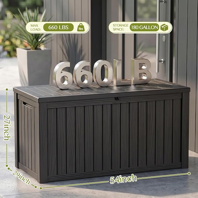 Waterproof Outdoor Storage Box Outside Deck Box Lockable Resin Bench UV Resistant Furniture Cushion Pool Tool Float Bin Patio Garden Porch (Black, 180 Gallon)