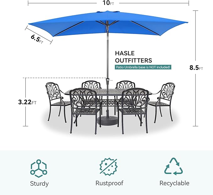 HASLE OUTFITTERS Rectangular Patio Umbrella, 6.5 x 10 ft Rectangle Table Umbrellas w/Heavy Duty Ribs, Effortless Crank and Push Button Tilt, Wind Resistant Sun Umbrella for Outdoor Patio, Blue