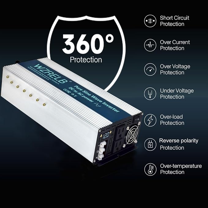 WZRELB 3000W Pure Sine Wave Inverter, Car Power Inverter 60V DC to 110V 120V AC Converter for RV, Truck, Solar, Outdoor with Dual AC Outlets, Hardwire Port, Surge 6000W, LED Display,Off-Grid