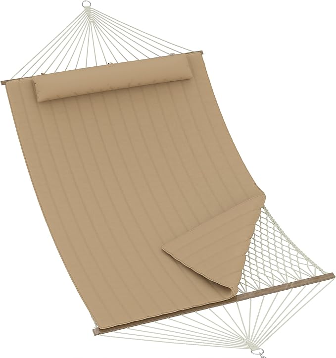 2 Person Hammock with Stand - Cotton Rope & Padded Polyester - Adjustable Steel Frame - 2-in-1 Outdoor Comfort for Patio, Backyard, Garden, Beach - Tan