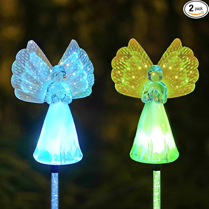 Outdoor Solar Garden Lights,2 Pack Solar Angel Decorative Lights, IP67 Waterproof Color Changing LED Solar Outdoor Lights,Solar Stake Lights for Cemetery Grave Garden Patio Yard Lawn Decoration
