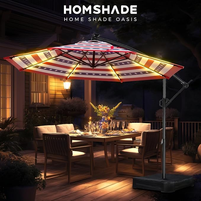 HOMSHADE 10 ft Offset Patio Umbrella with Solar Lights, LED Lighted Umbrella Outdoor Patio with Base Included, American Flag Umbrellas for Patriotic Decorations, Stars and Stripes Style