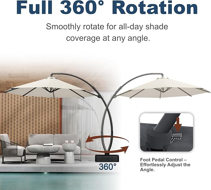 12FT Cantilever Umbrella with Base Large Curvy Outdoor Aluminum Offset Umbrella w/ 360° Rotation, UV Resistant Canopy for Patio, Garden, Backyard, Creamy White