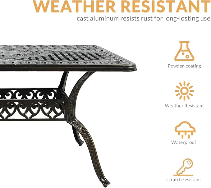 Outdoor Cast Aluminum Patio Table, 60” Rectangular Bistro Table with 2’’ Umbrella Hole for Patio Furniture Garden Deck Backyard