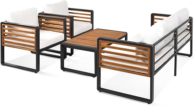 4-Pieces Outdoor Patio Sectional Sofa Set with Coffee Table, All-Weather 5 Person Conversation Set with Thick Cushions and Pillows for Garden Backyard Balcony, Acacia Wood Tabletop (Beige-N74)