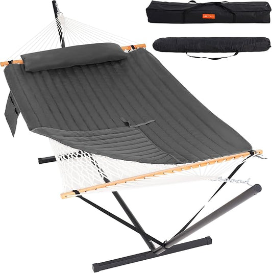 Lazy Daze Hammocks 2 Person Portable Hammock with 12FT Stand, Double Hand Woven Cotton Rope Hammock with Detachable Quilted Pad & Pillow for Outside, 450lb Capacity, Grey