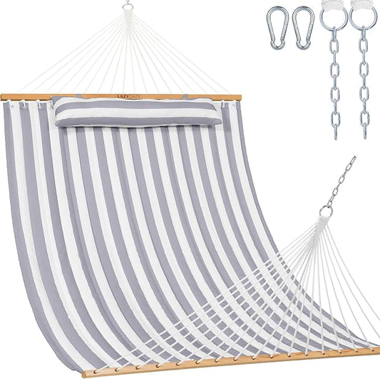 Lazy Daze Hammocks 12FT Quilted Fabric Double Hammock with Spreader Bars and Detachable Pillow, 2 Person, 450 lbs Capacity, Gray White