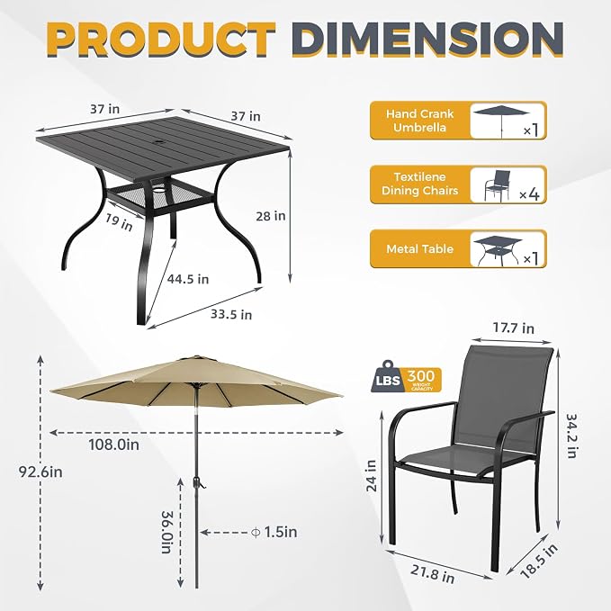 Incbruce 6 Pieces Patio Dining Set with Brown Umbrella, Outdoor Dining Set of 4 Textilene Chairs and Square Table with Umbrella Hole for Backyard, Garden, and Poolside (Grey)