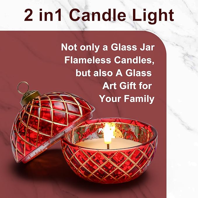 Birthday Glass Flameless LED Candles Wedding Decorative Light Birthday Gift for Her,Battery Operated Flickering Electric LED Ball Candles,Jar Candle for Home Party with Glass Cover Gifts for Wife(Red)