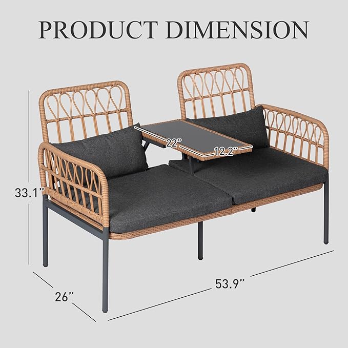 PROHIKER Patio Furniture Outdoor Rattan Loveseat 2-Seat with Built-in Table, Lumbar Pillows and Cushions, All-Weather Wicker Loveseat Porch Chairs for Balcony, Lawn, Backyard