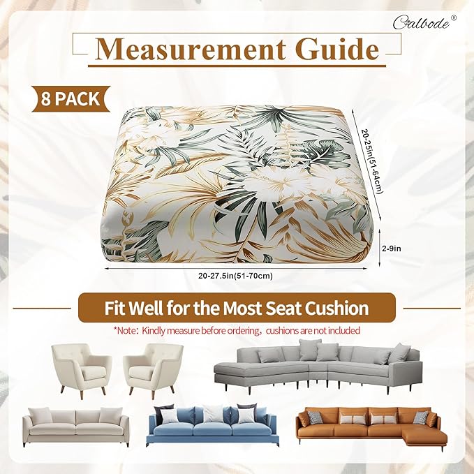 CALBODE 8Pcs Stretch Patio Cushion Cover, Tropical Floral and Leaf Pattern Sofa Covers for Patio Furniture Cushions Washable Reusable Couch Covers Replacement for All Season(Cover Only)