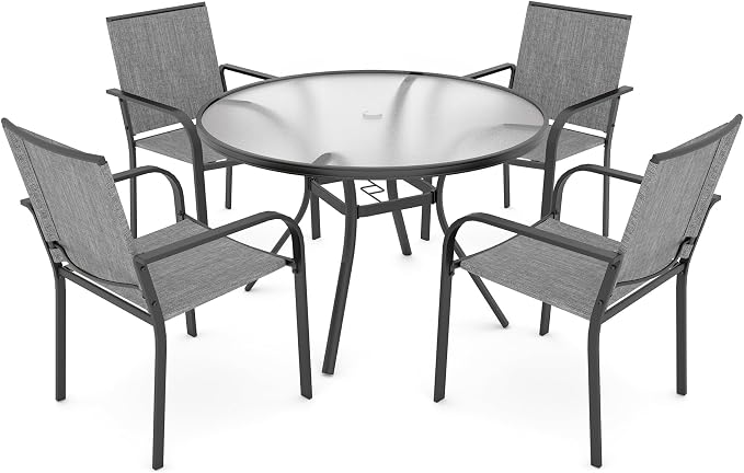 Anmutig 5-Piece Outdoor Patio Dining Set, 40-Inch Round Glass Table with 4 Stackable Chairs,Grey