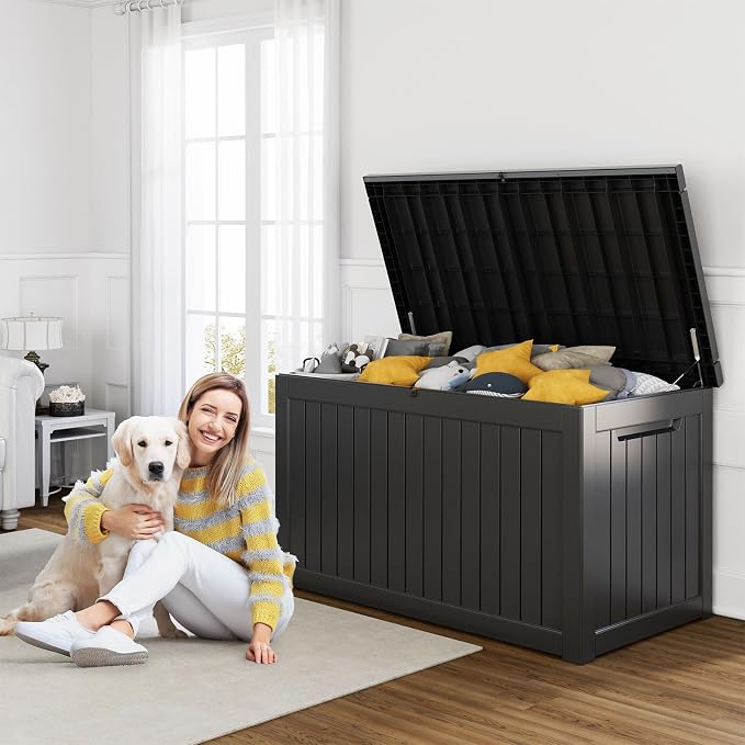 280 Gallon Outdoor Storage Box Waterproof, Resin Lockable Deck Box with Lid, Large Capacity Weatherproof Container for Patio Furniture Pool Accessories, Cushions(Black, 280 Gallon)