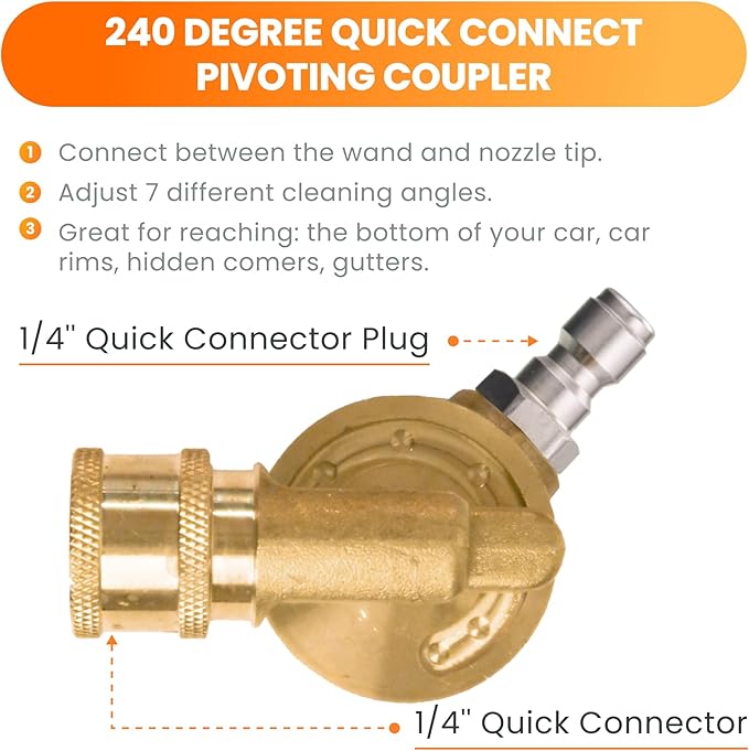Giraffe Tools Pressure Washer Pivoting Coupler, 7 Angles Gutter Cleaner Attachment, 240 Degree Rotation, 1/4“ Quick Connect, 4000 PSI