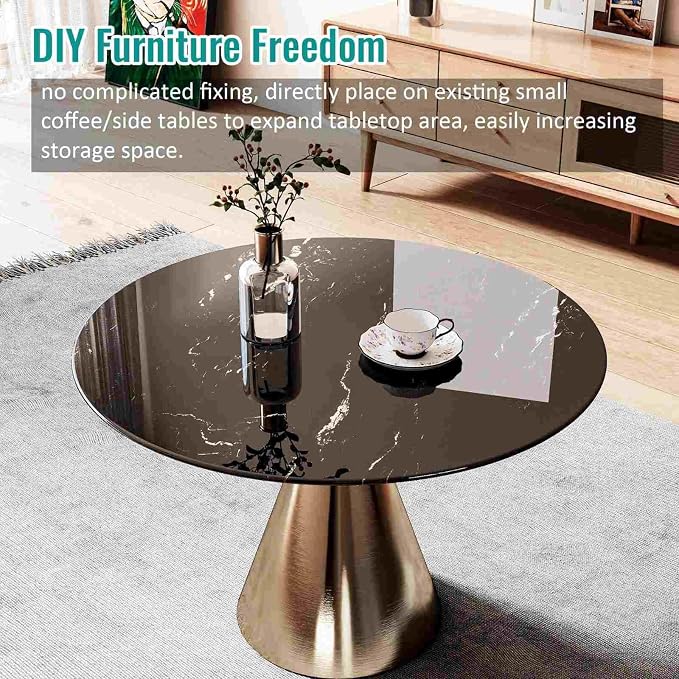 24 Inch Round Black Marble Glass Table Top, 8mm Thick Tempered Glass Tabletop for Dining Tables, Coffee Tables, Patio Tables