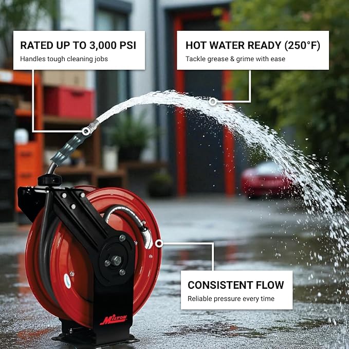 3/8" x 50' All-In-One Pressure Washer Dual-Arm Hose Reel (single wire-braided hose) - 4,000 PSI