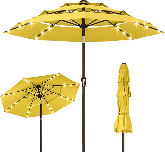 Kingdura 10ft 3-Tier Patio Umbrella with Solar Lights, Table Umbrella Outdoor Patio with Easy Crank & Tilt, 8 Sturdy Ribs, UV Protection, 32 LED Lights for Deck, Poolside, Market (Yellow)