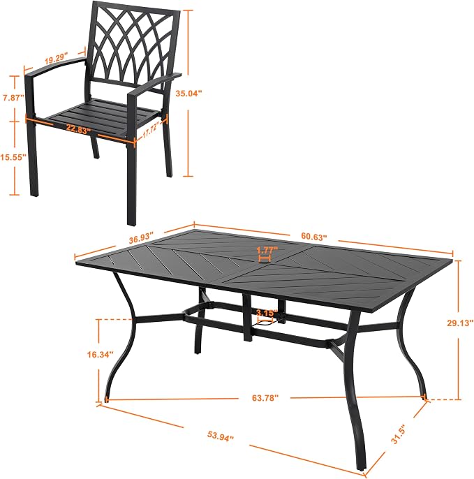 NUU GARDEN 7 Piece Outdoor Patio Dining Set, 6 Stackable Metal Patio Chairs and 61" x 37" Rectangular Patio Dining Table with 1.77" Umbrella Hole for Backyard, Patio, Garden, Black