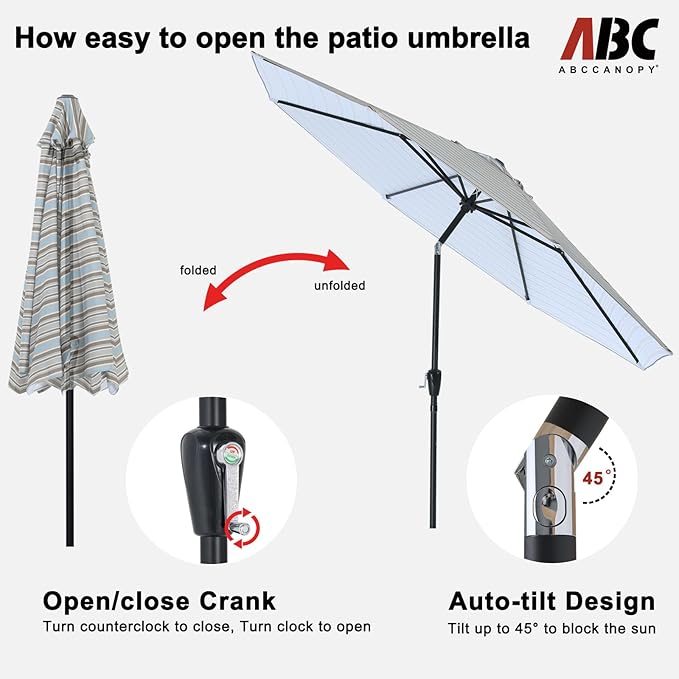 ABCCANOPY 10FT Patio Umbrella, Outdoor Waterproof Table Umbrella with Push Button Tilt and Crank, 8 Ribs UV Protection Pool Umbrella for Garden, Lawn, Deck & Backyard(Khaki Gray Stripes)