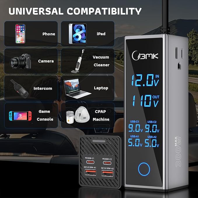 300W Car Power Inverter 12V DC to 110V AC Outlet Adapter 4 Fast USB Ports with PD 36W QC3.0 LCD Voltage Display Stackable Design for Laptop CPAP Road Trip Essentials
