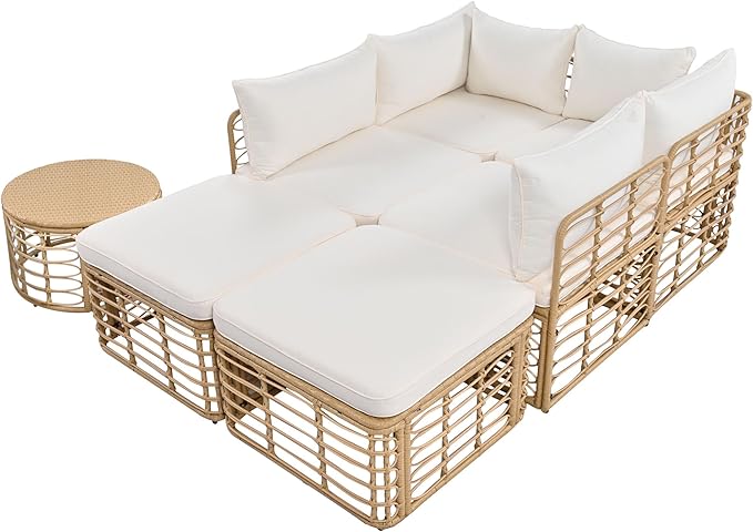 7 Pieces Outdoor Patio Furniture Sectional Sofa Set with Coffee Table, All-Weather Rattan Conversation Set with Thick Cushions and Pillows for Garden Backyard Balcony, Freely Combined (Beige-7S)