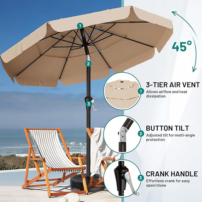 AreShark 10FT 3-Tiers Patio Umbrella with Valance, Outdoor Umbrellas with Crank/Tilt, Table Market Umbrella Vented w/ 8 Sturdy Ribs for Garden, Deck, Backyard, and Pool, Beige