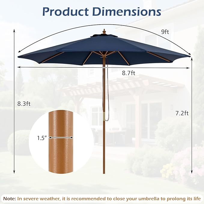 Tangkula 9 FT Patio Umbrella, Outdoor Table Market Umbrella with 8 Wooden Ribs, 3 Adjustable Heights, Rope Pulley System for Garden, Vented Top for Pool Backyard Deck Garden