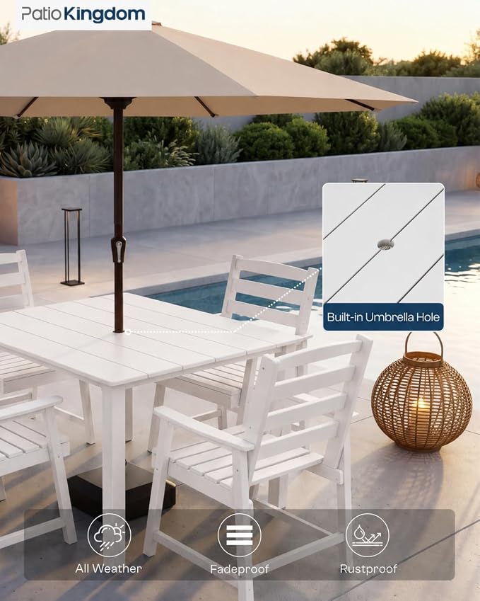 HDPE Outdoor Dining Set for 4 with 10FT Umbrella, White | All-Weather HDPE, Wood Grain Finish, 42.5" Square Table, Built-In Umbrella Hole, Seats 4, Patio & Poolside Ready