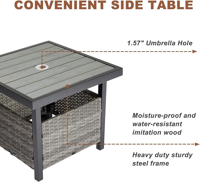 Outdoor Wicker Side Table with Umbrella Hole & Storage Space, Square PE Rattan End Table for Patio Garden Poolside Deck
