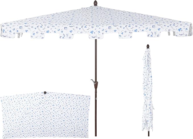 JONATHAN Y Sidney Coastal 9 ft. Blue/White Chinoiserie Half Umbrella for Outdoor Patio, Space-Saving Rectangular Wall Sun Shade with Crank Lift, UV Protection for Balcony, Deck, Dark Brown Pole UMB1200F
