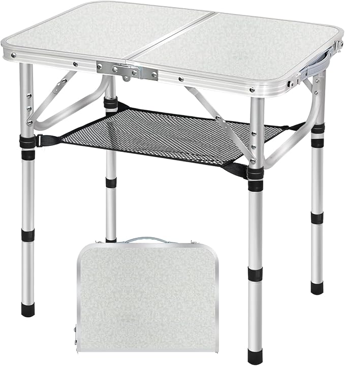 Small Folding Table with Storage Net, 24" x 16" Portable Foldable Camping Table with 3 Adjustable Height, White Metal Table for Beach, Patio, BBQ