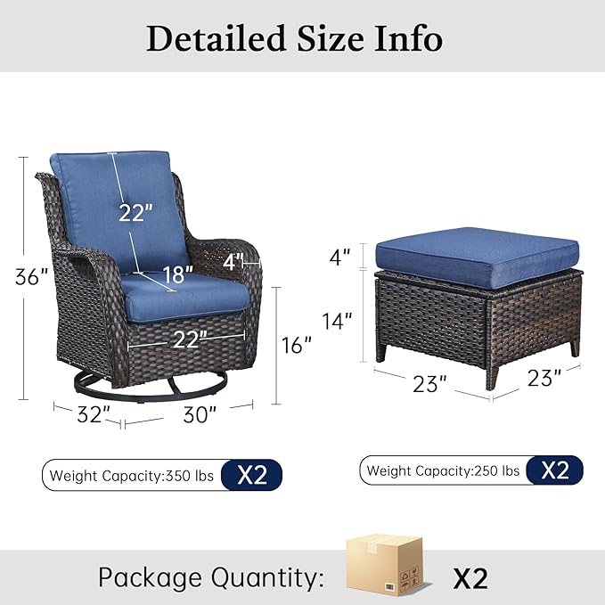 Outdoor Swivel Chairs-Patio Swivel Glider Chairs with Ottomans Outdoor Conversation Set for Deck Balcony Poolside Backyard-Brown/Blue
