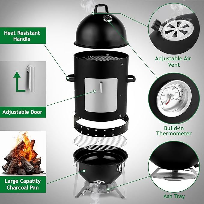 46.8" Vertical Steel Charcoal Smoker Grill,Heavy Duty BBQ Grills,Outdoor Camping Backyard Barbecue Grill,Metal Barbecue Smokers,with Thermometer,for Patio Garden Beach Porch Lawn Yard (Black)