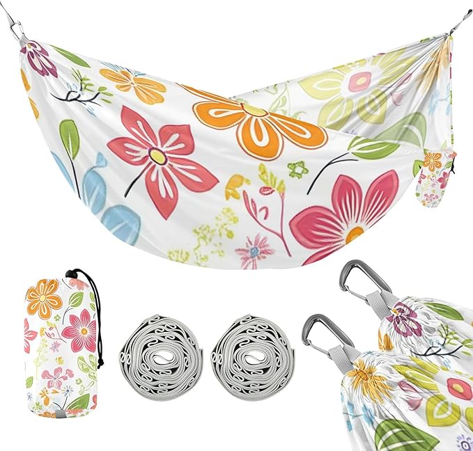 Fresh Spring Simple Colorful Flowers 330lb Capacity Outdoor Hammock with Portabl Carry Bag Backyard Hammock for Outside Patio Backyard Poolside hamacas para adultos