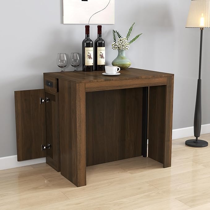 23.62”-118.11” Extendable Dining Room Table, 1-10 People Wood Long Foldable Tables with Storage Cabinet & Outlet, Space Saving Expanding Table with for Kitchen, Living Room, Party, Walnut