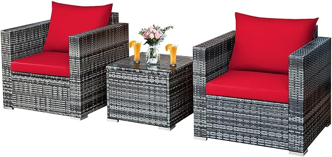 DORTALA 3 Pieces Patio Furniture Set, Outdoor Rattan Sofa Couch Set with Cushions, Tempered Glass Coffee Table, Wicker Patio Conversation Set for Lawn Backyard Poolside Balcony, Red