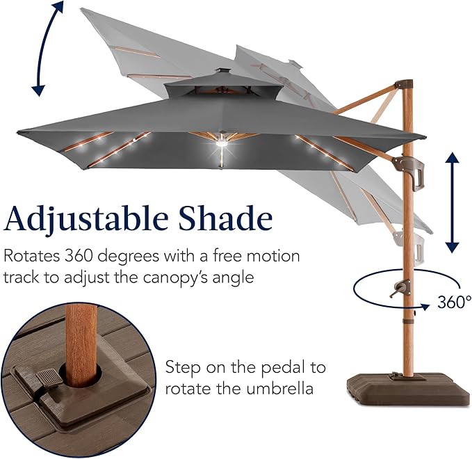 Best Choice Products 10ft Square Cantilever Patio Umbrella w/Base Included, Woodgrain Pattern Pole & Solar LED Lights, 360-Rotation, Offset Hanging Outdoor Shade