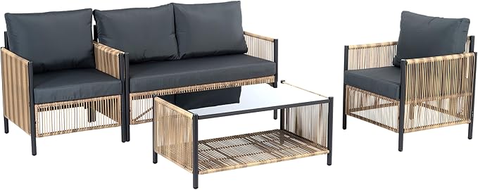 LUMISOL 4 Piece Patio Furniture Set, Outdoor PE Wicker Sofa Set with a Coffee Table and Removable Cushions, All Weather Patio Conversation Set for Patio, Garden, Backyard, Brown+Grey