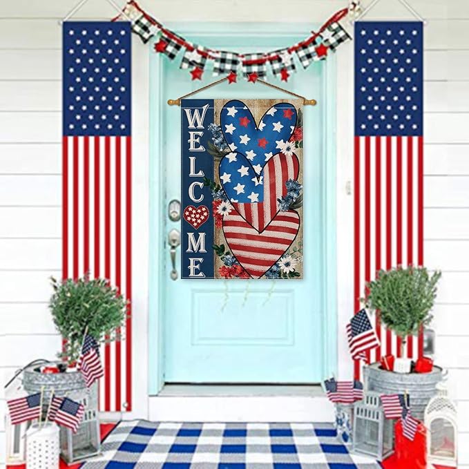 AVOIN colorlife Patriotic 4th of July Welcome House Flag 28x40 Inch Double Sided, Memorial Day American Stars and Stripes Love Heart Yard Outdoor Decoration